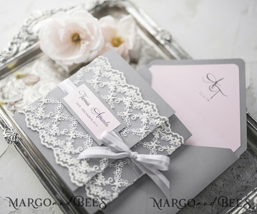 WEDDING INVITATIONS vintage lace/ rustic lace Personalised Wedding invitations lace glamour stationery gold