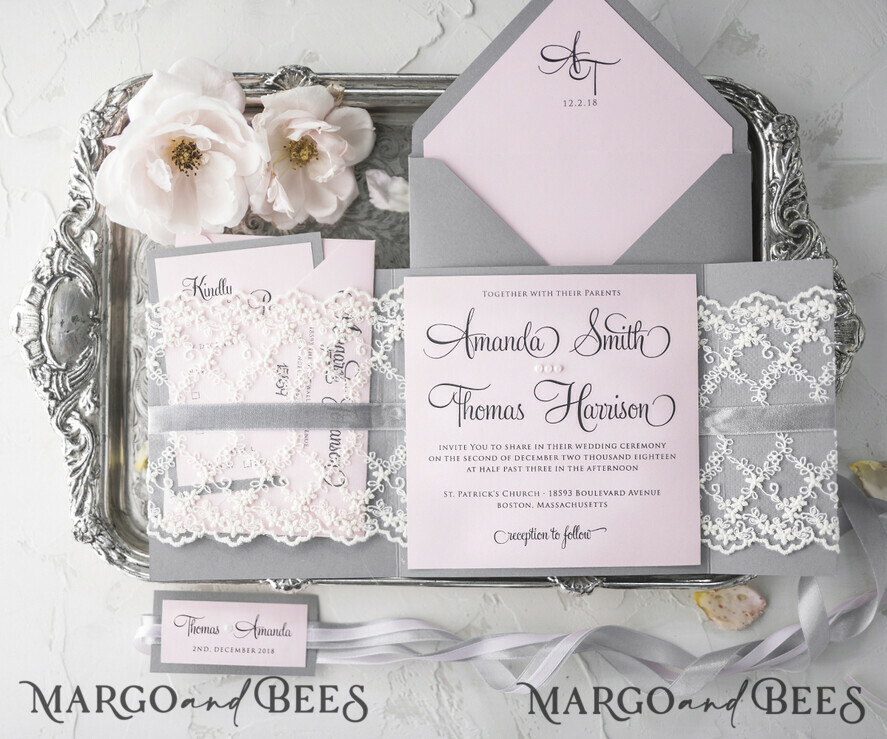 WEDDING INVITATIONS vintage lace/ rustic lace Personalised Wedding invitations lace glamour stationery gold