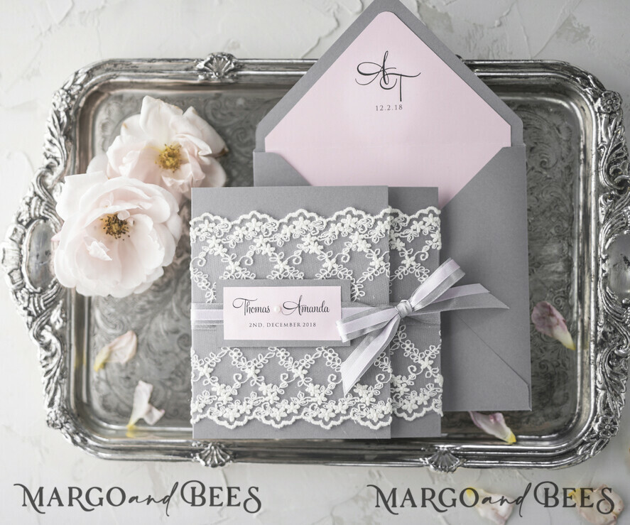 WEDDING INVITATIONS vintage lace/ rustic lace Personalised Wedding invitations lace glamour stationery gold
