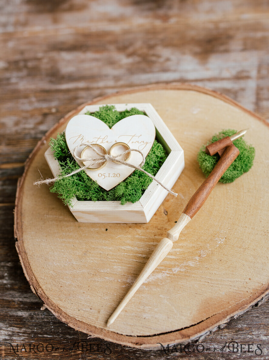 RING BEARER BOXES & PILLOWS Rustic Wedding Moss Bearer engraved wedding ring box • personalised rustic ring box • ring earer moss box