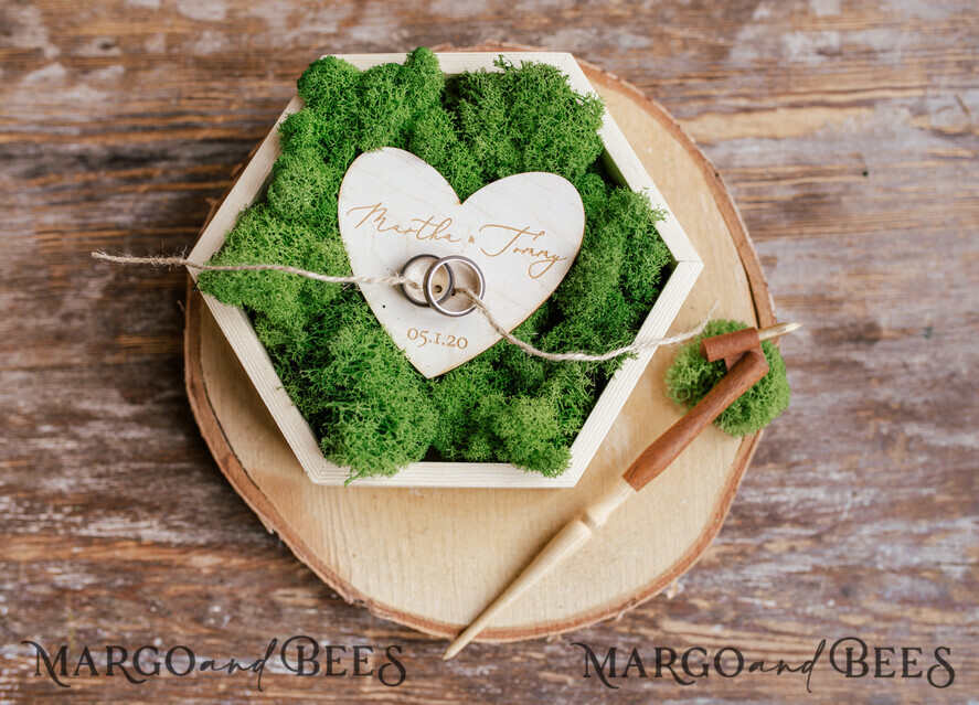 RING BEARER BOXES & PILLOWS Rustic Wedding Moss Bearer engraved wedding ring box • personalised rustic ring box • ring earer moss box