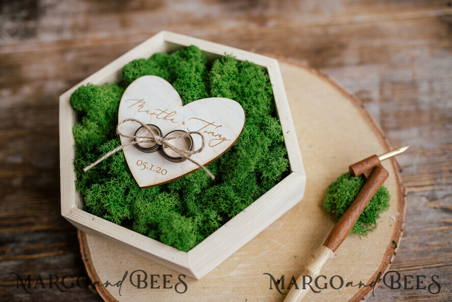 RING BEARER BOXES & PILLOWS Rustic Wedding Moss Bearer engraved wedding ring box • personalised rustic ring box • ring earer moss box