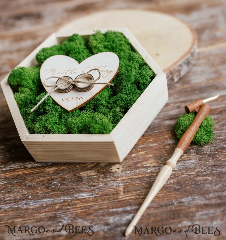 RING BEARER BOXES & PILLOWS Rustic Wedding Moss Bearer engraved wedding ring box • personalised rustic ring box • ring earer moss box