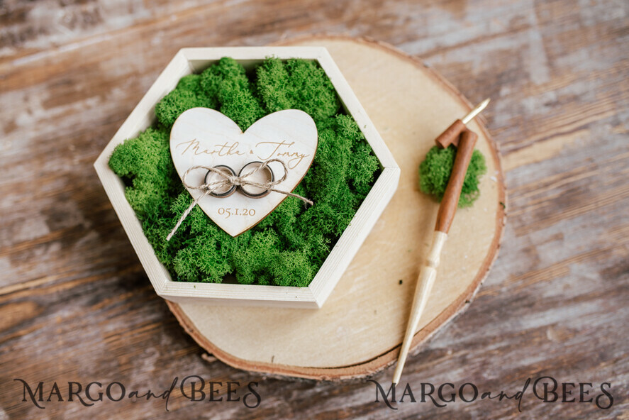 RING BEARER BOXES & PILLOWS Rustic Wedding Moss Bearer engraved wedding ring box • personalised rustic ring box • ring earer moss box