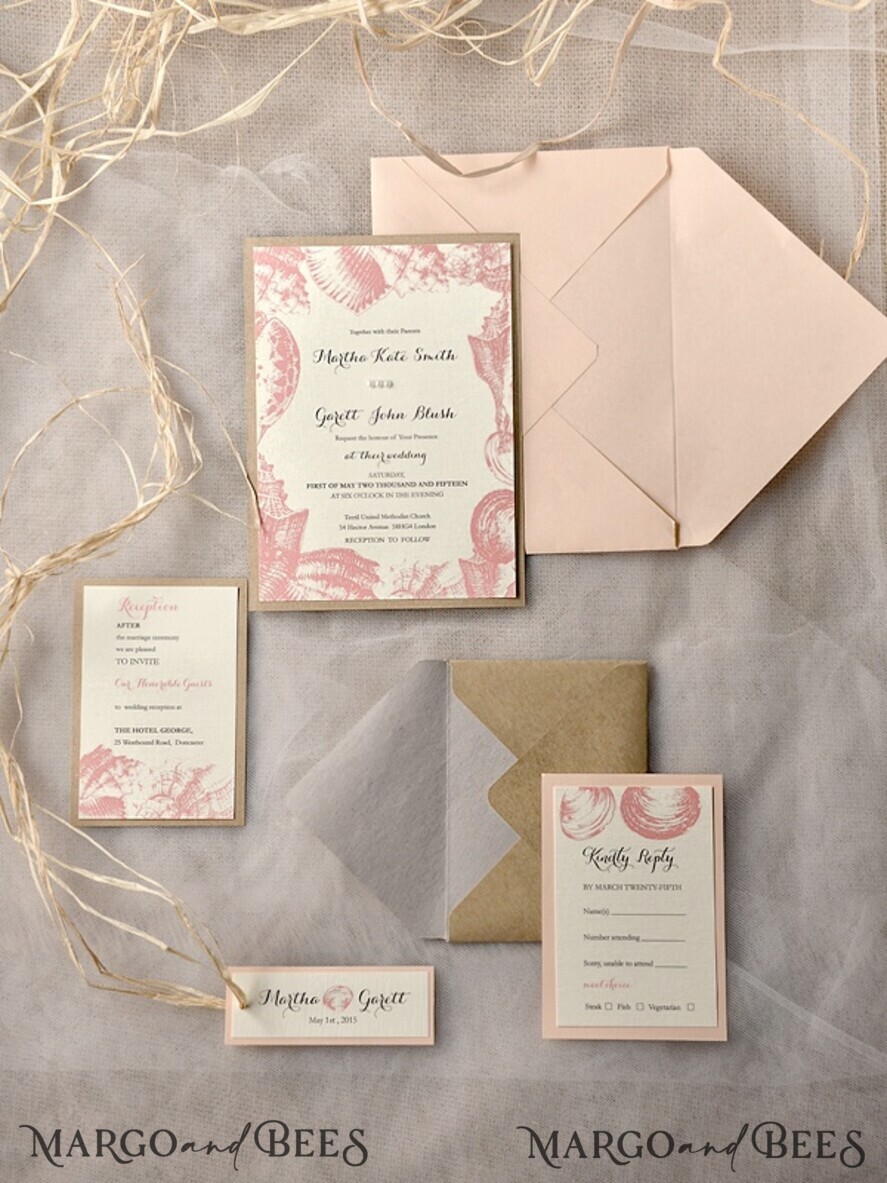 WEDDING INVITATIONS passport to love/ beach wedding invites Beach peach Wedding invitations Seashells Wedding Invites destination wedding Cards with tag