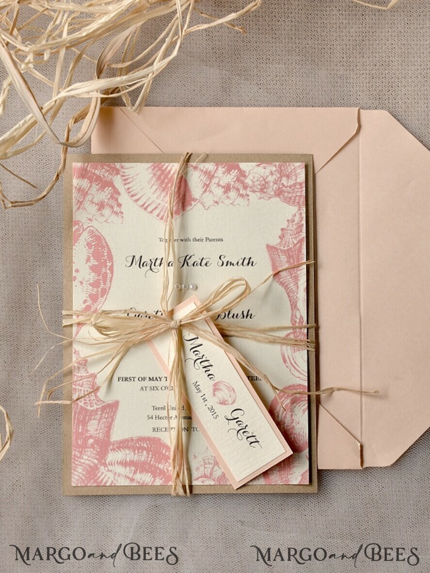 WEDDING INVITATIONS passport to love/ beach wedding invites Beach peach Wedding invitations Seashells Wedding Invites destination wedding Cards with tag