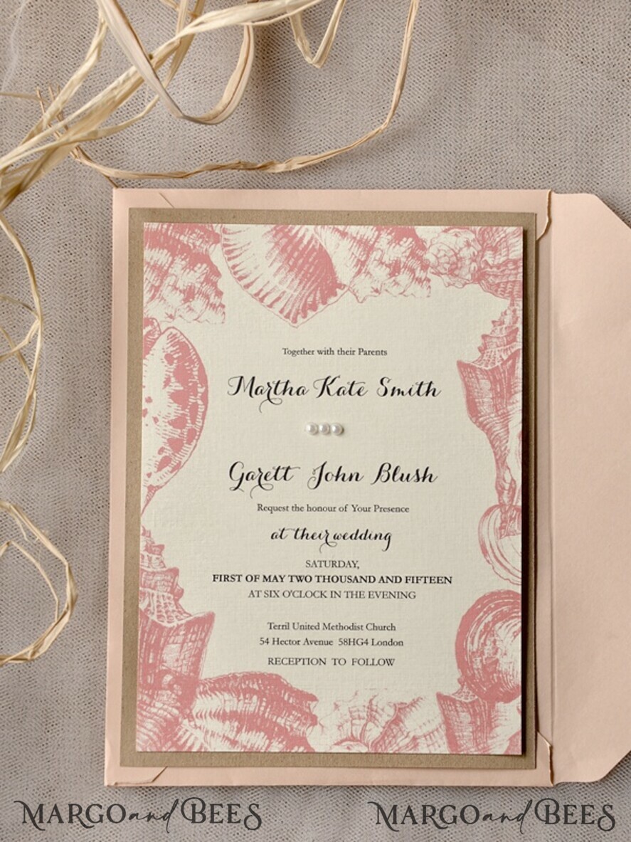 WEDDING INVITATIONS passport to love/ beach wedding invites Beach peach Wedding invitations Seashells Wedding Invites destination wedding Cards with tag