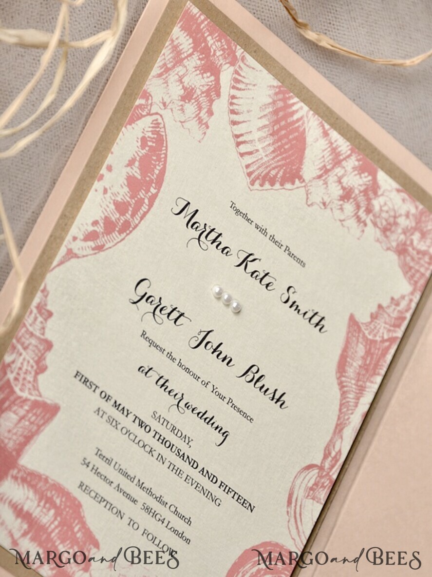 WEDDING INVITATIONS passport to love/ beach wedding invites Beach peach Wedding invitations Seashells Wedding Invites destination wedding Cards with tag