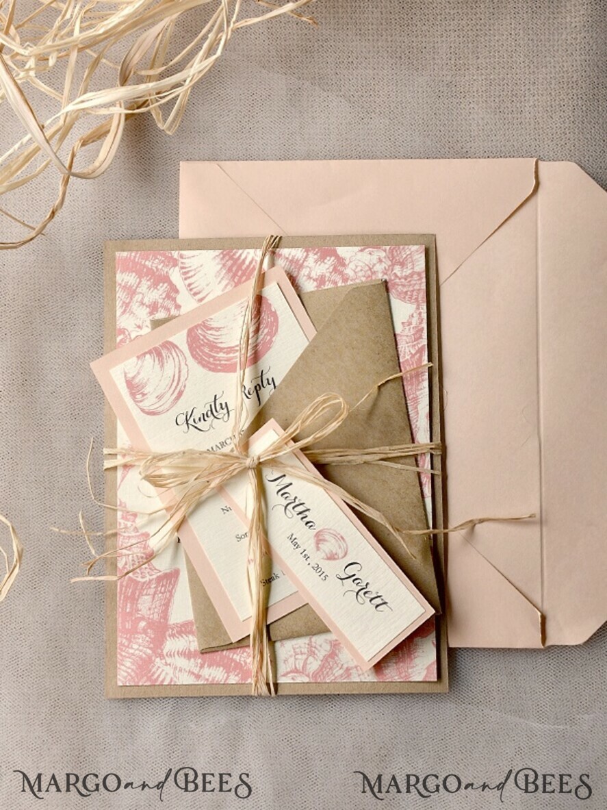WEDDING INVITATIONS passport to love/ beach wedding invites Beach peach Wedding invitations Seashells Wedding Invites destination wedding Cards with tag