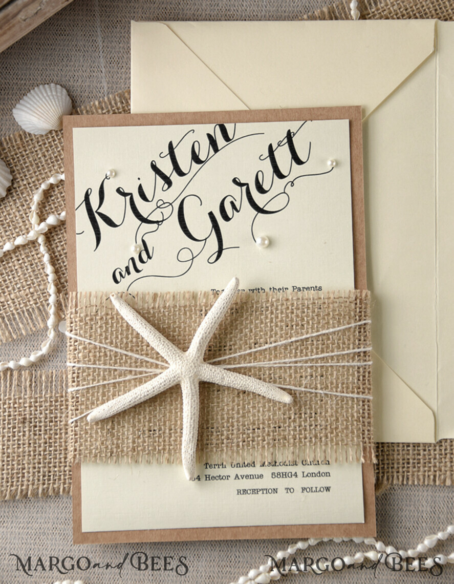 WEDDING INVITATIONS passport to love/ beach wedding invites Beach Wedding invitations starfish burlap belly band Wedding Invites destination wedding Cards with pearls