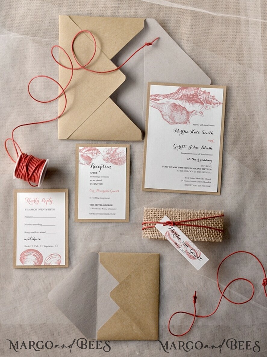 WEDDING INVITATIONS passport to love/ beach wedding invites Beach Wedding invitations Seashells Wedding Invites destination wedding Cards with burlap belly band
