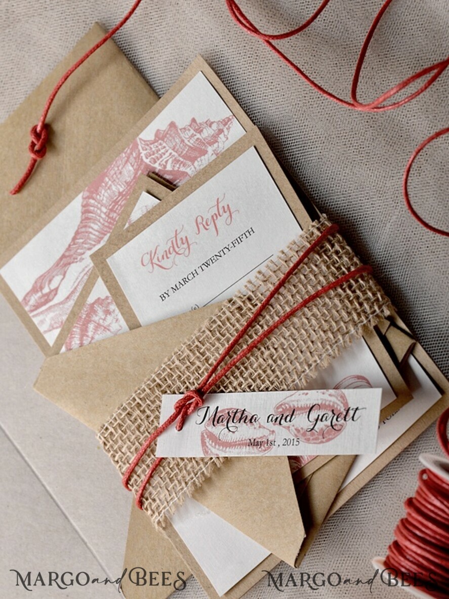 WEDDING INVITATIONS passport to love/ beach wedding invites Beach Wedding invitations Seashells Wedding Invites destination wedding Cards with burlap belly band