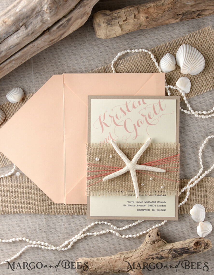 WEDDING INVITATIONS passport to love/ beach wedding invites Beach Wedding invitations starfish burlap belly band Wedding Invites destination wedding Cards with pearls