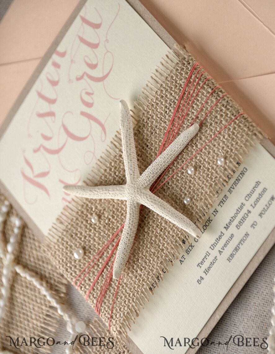 WEDDING INVITATIONS passport to love/ beach wedding invites Beach Wedding invitations starfish burlap belly band Wedding Invites destination wedding Cards with pearls