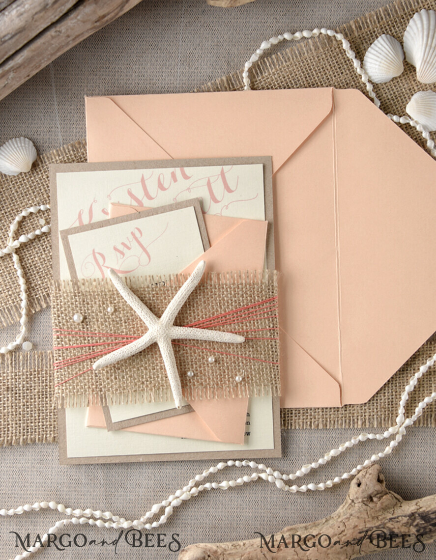 WEDDING INVITATIONS passport to love/ beach wedding invites Beach Wedding invitations starfish burlap belly band Wedding Invites destination wedding Cards with pearls