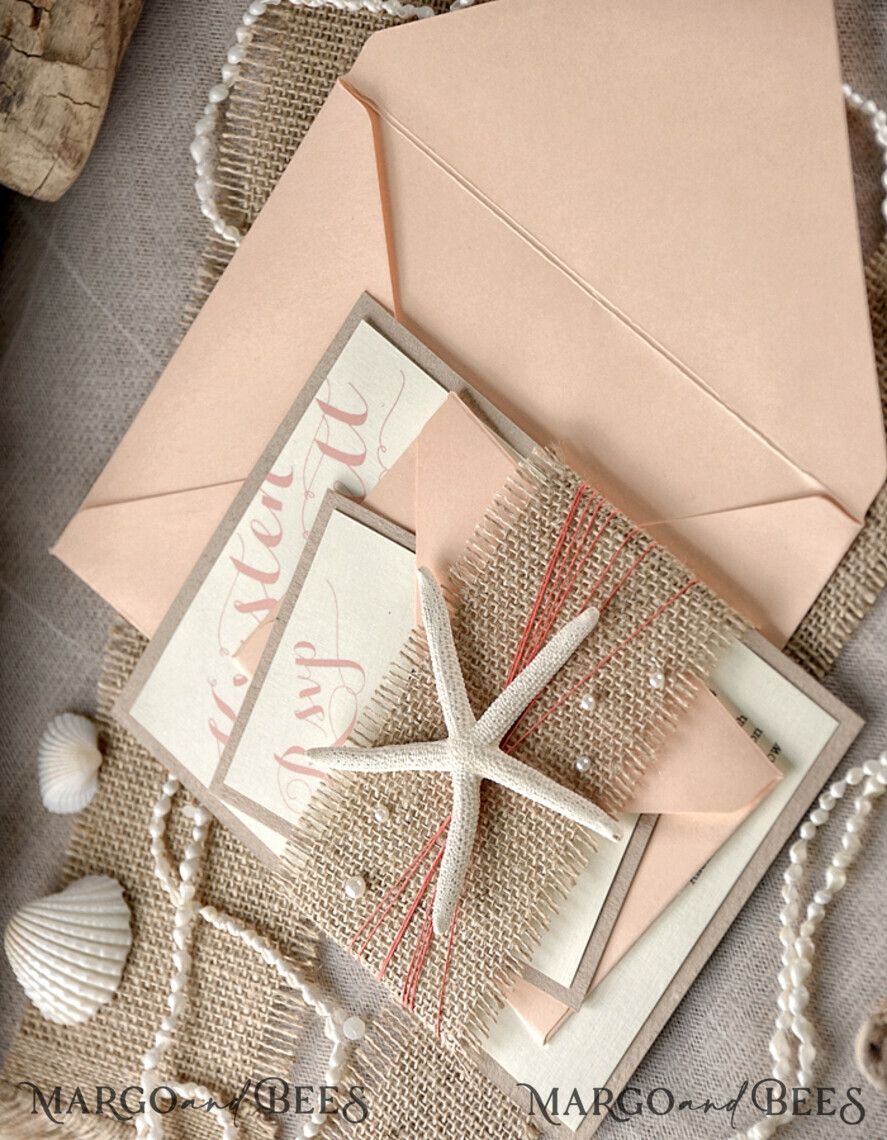 WEDDING INVITATIONS passport to love/ beach wedding invites Beach Wedding invitations starfish burlap belly band Wedding Invites destination wedding Cards with pearls