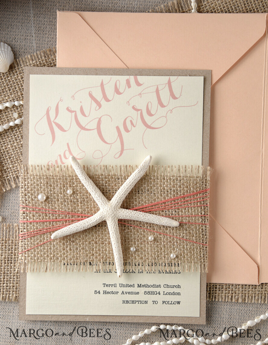 WEDDING INVITATIONS passport to love/ beach wedding invites Beach Wedding invitations starfish burlap belly band Wedding Invites destination wedding Cards with pearls
