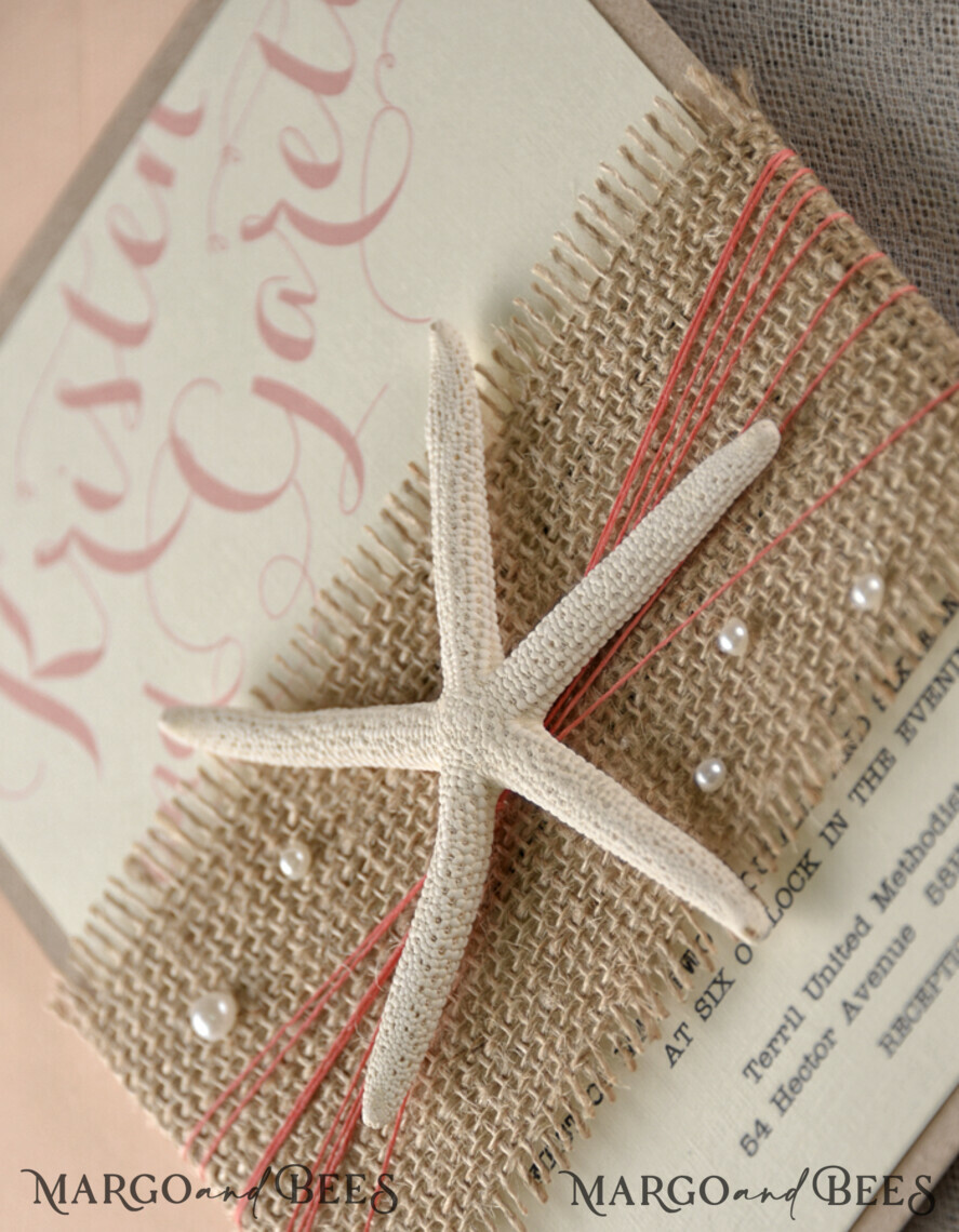 WEDDING INVITATIONS passport to love/ beach wedding invites Beach Wedding invitations starfish burlap belly band Wedding Invites destination wedding Cards with pearls