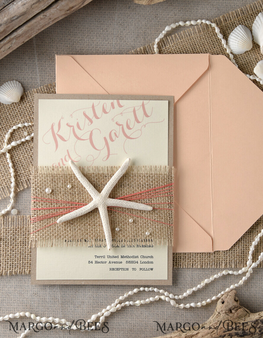 WEDDING INVITATIONS passport to love/ beach wedding invites Beach Wedding invitations starfish burlap belly band Wedding Invites destination wedding Cards with pearls