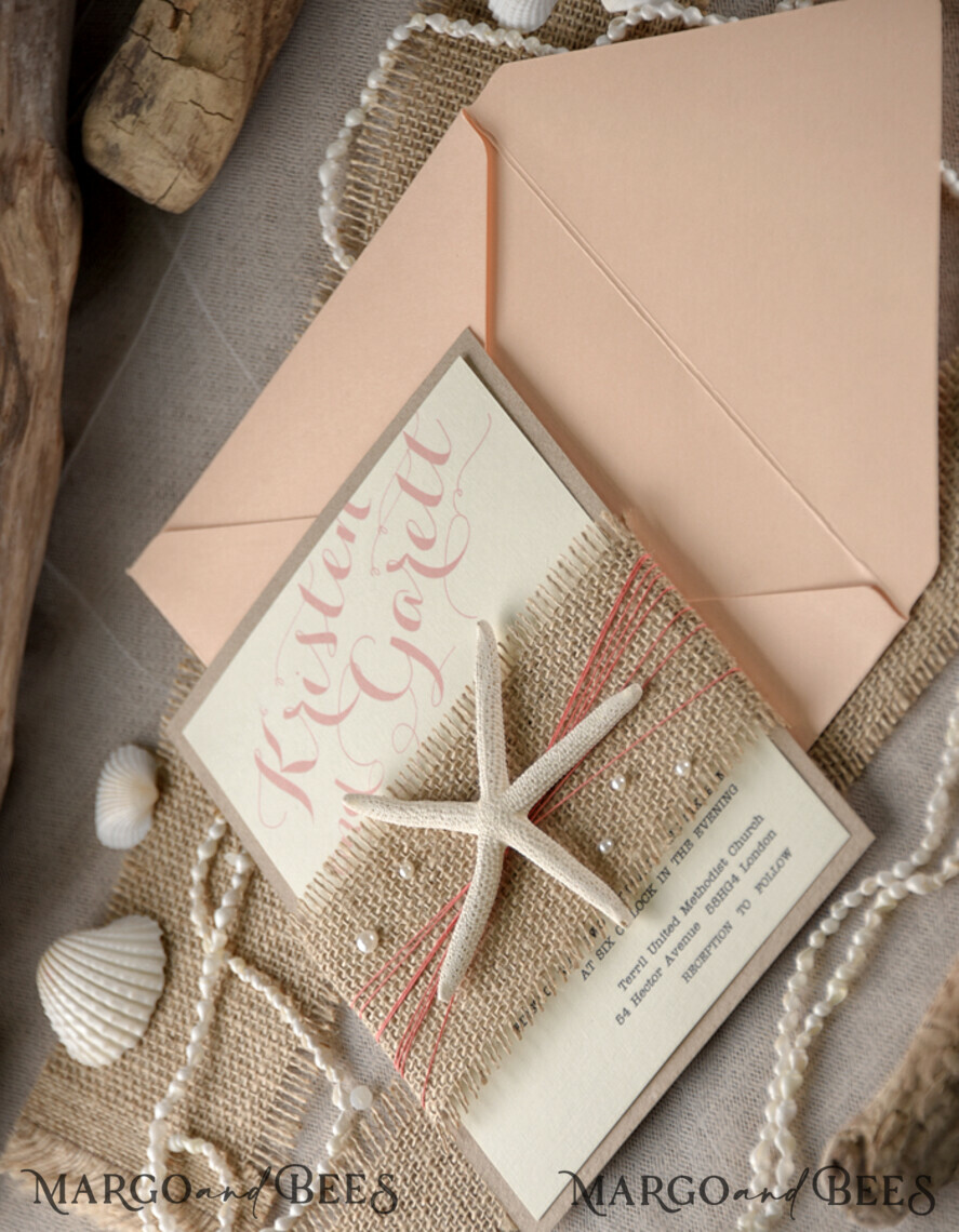 WEDDING INVITATIONS passport to love/ beach wedding invites Beach Wedding invitations starfish burlap belly band Wedding Invites destination wedding Cards with pearls