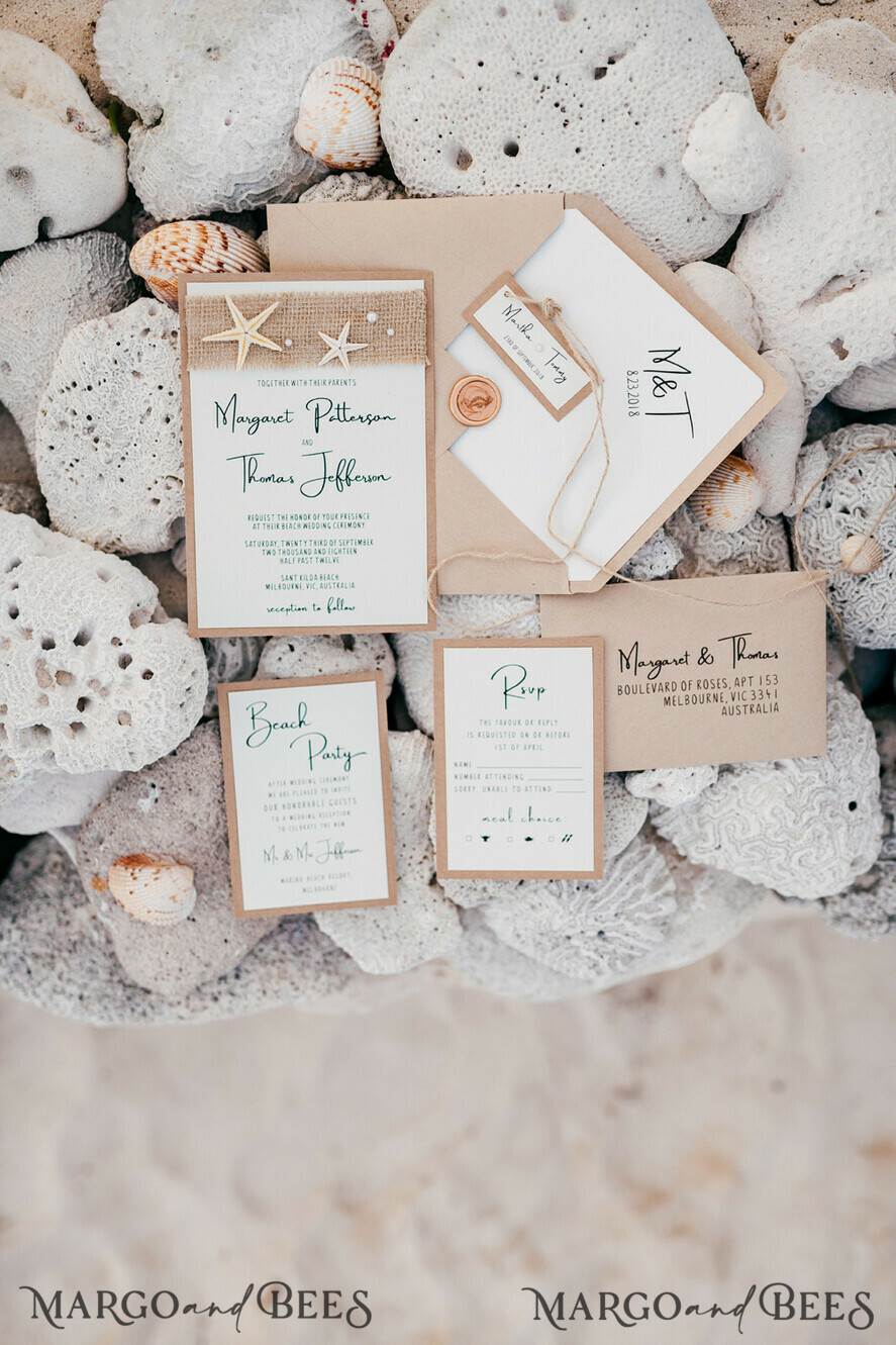 WEDDING INVITATIONS passport to love/ beach wedding invites Beach Wedding invitations Starfish Wedding Invites with Rustic Burlap wedding Cards