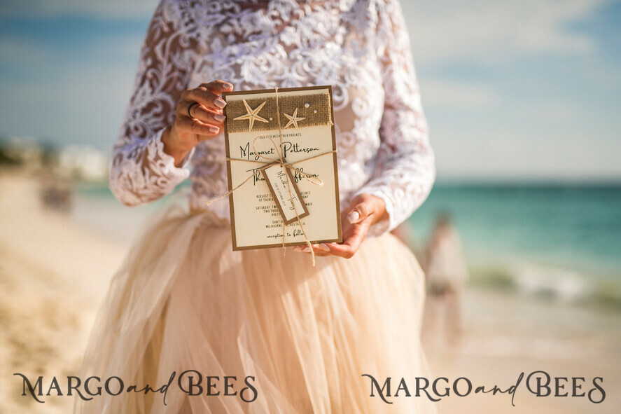 WEDDING INVITATIONS passport to love/ beach wedding invites Beach Wedding invitations Starfish Wedding Invites with Rustic Burlap wedding Cards