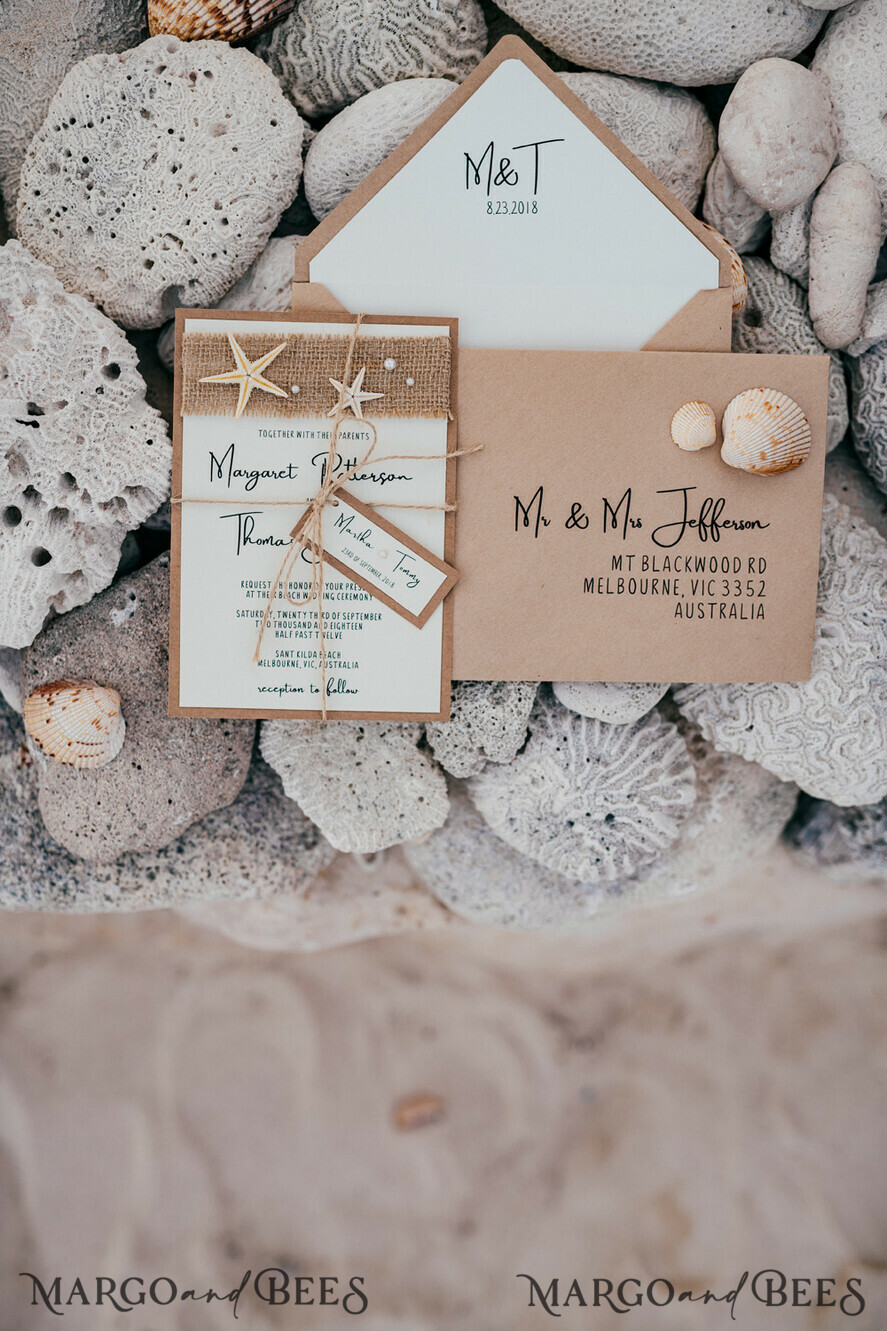 WEDDING INVITATIONS passport to love/ beach wedding invites Beach Wedding invitations Starfish Wedding Invites with Rustic Burlap wedding Cards