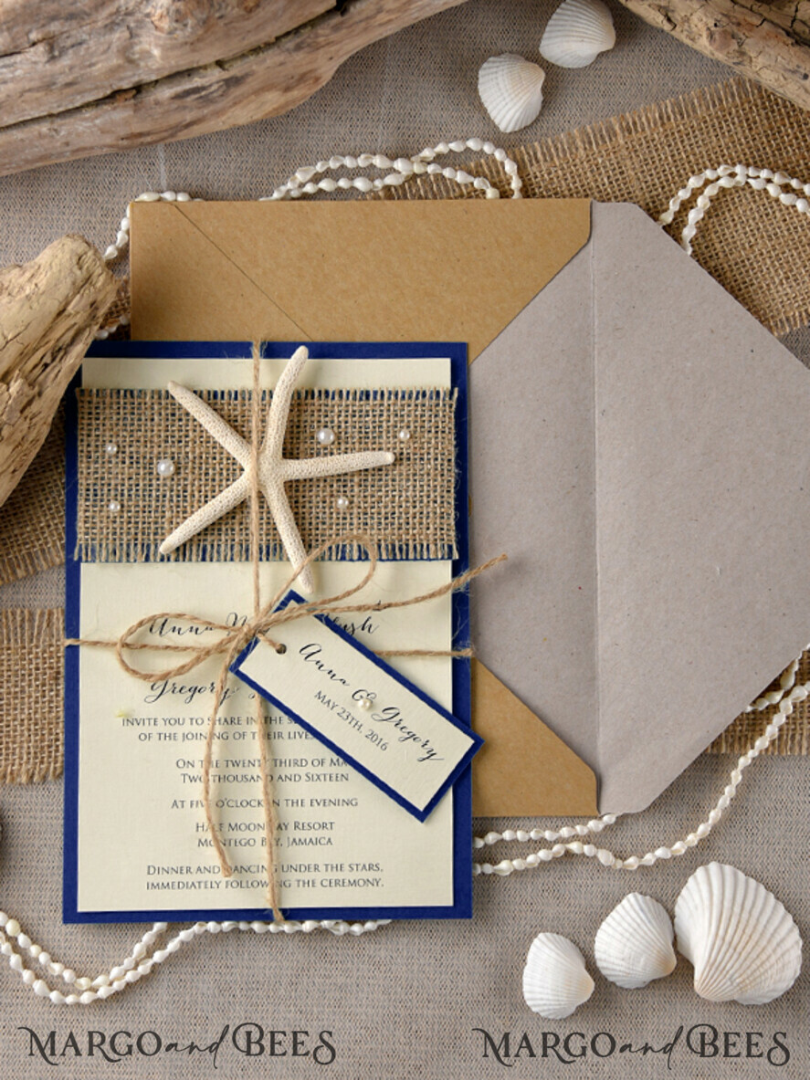 WEDDING INVITATIONS passport to love/ beach wedding invites Beach navy Wedding invitations Starfish Wedding Invites destination wedding Cards with tag and twine Eco envelope
