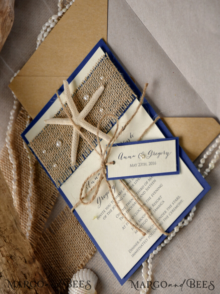 WEDDING INVITATIONS passport to love/ beach wedding invites Beach navy Wedding invitations Starfish Wedding Invites destination wedding Cards with tag and twine Eco envelope