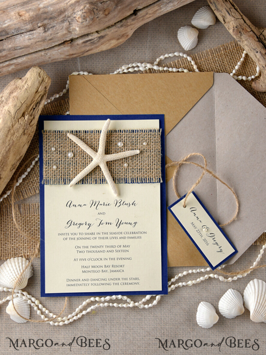 WEDDING INVITATIONS passport to love/ beach wedding invites Beach navy Wedding invitations Starfish Wedding Invites destination wedding Cards with tag and twine Eco envelope