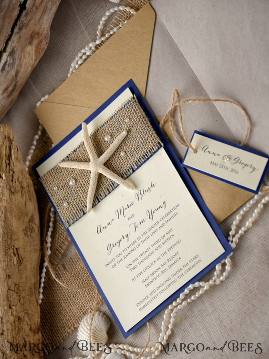 WEDDING INVITATIONS passport to love/ beach wedding invites Beach navy Wedding invitations Starfish Wedding Invites destination wedding Cards with tag and twine Eco envelope