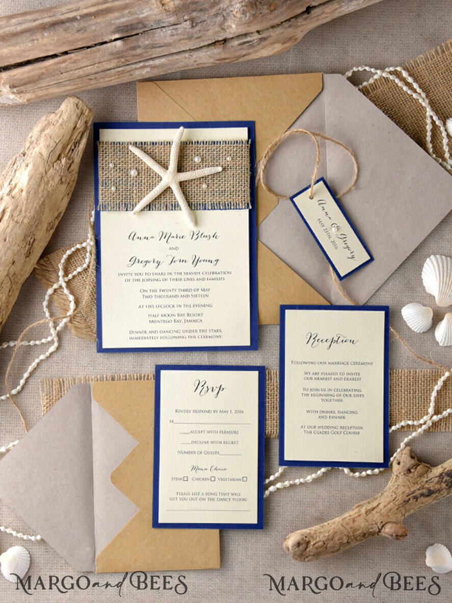 WEDDING INVITATIONS passport to love/ beach wedding invites Beach navy Wedding invitations Starfish Wedding Invites destination wedding Cards with tag and twine Eco envelope