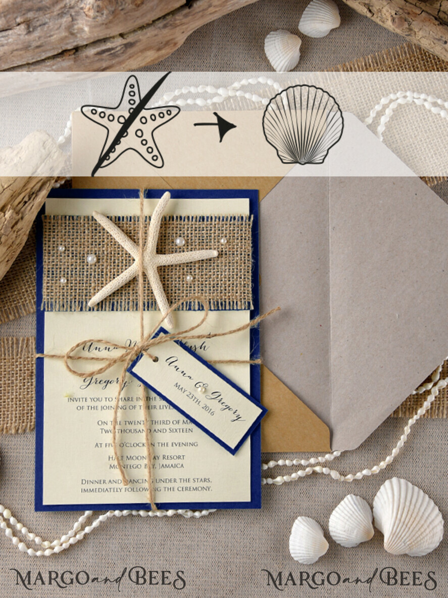 WEDDING INVITATIONS passport to love/ beach wedding invites Beach navy Wedding invitations Starfish Wedding Invites destination wedding Cards with tag and twine Eco envelope