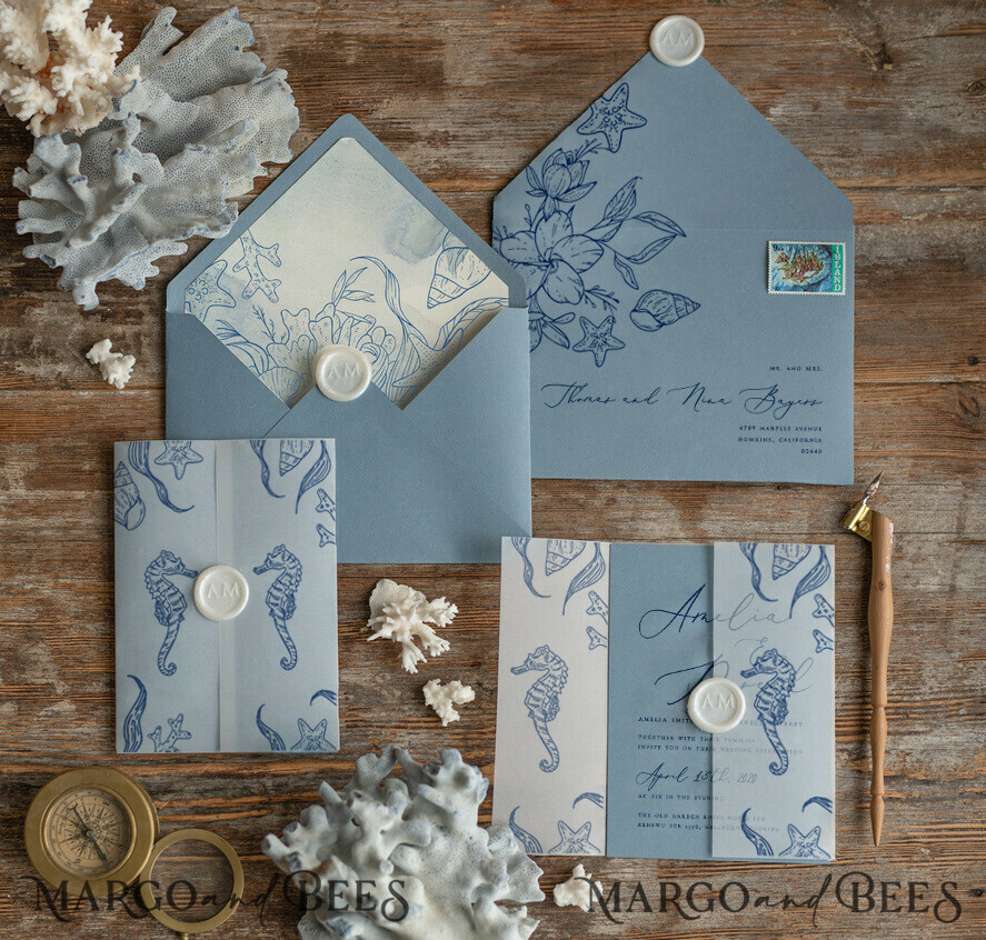 WEDDING INVITATIONS passport to love/ beach wedding invites Beach dusty Blue Wedding invitations Vellum wrapping Wedding Invites with Sea horses Wax seal wedding Cards
