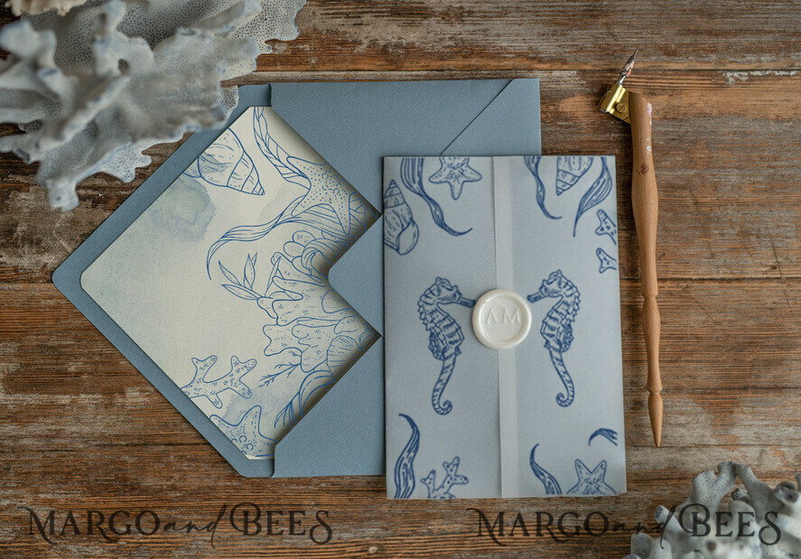 WEDDING INVITATIONS passport to love/ beach wedding invites Beach dusty Blue Wedding invitations Vellum wrapping Wedding Invites with Sea horses Wax seal wedding Cards