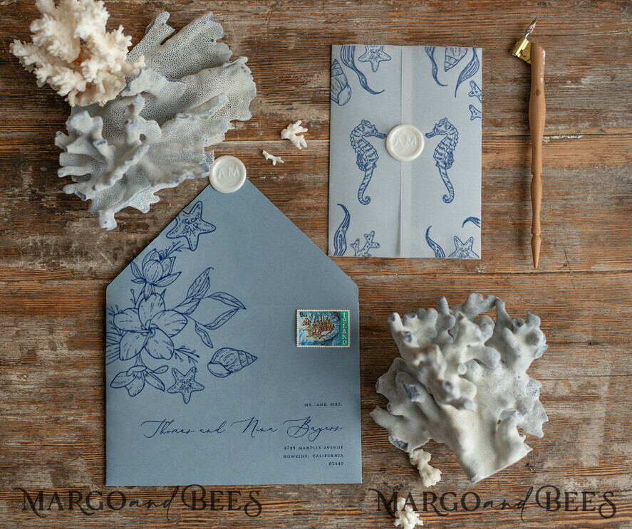 WEDDING INVITATIONS passport to love/ beach wedding invites Beach dusty Blue Wedding invitations Vellum wrapping Wedding Invites with Sea horses Wax seal wedding Cards