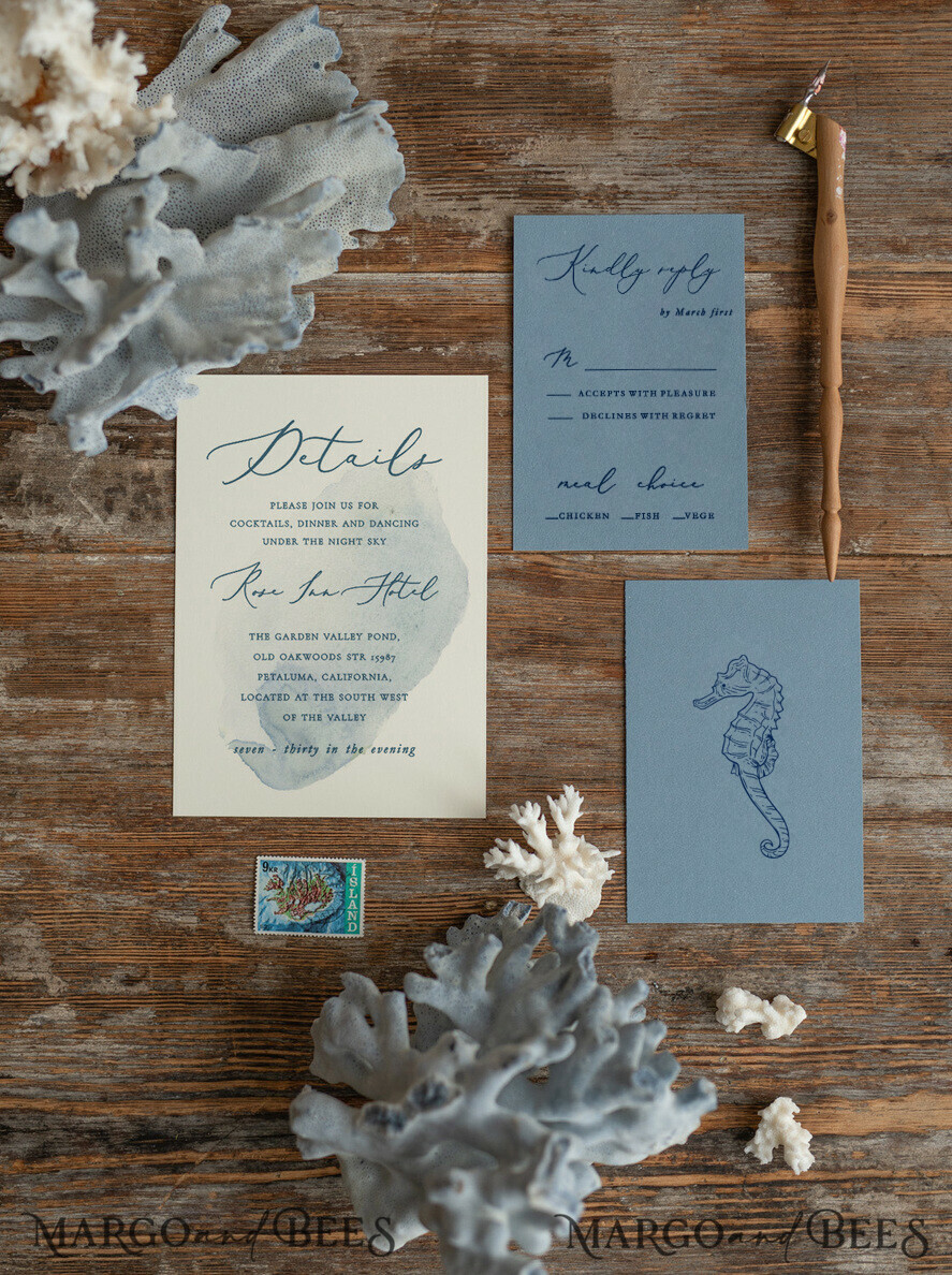WEDDING INVITATIONS passport to love/ beach wedding invites Beach dusty Blue Wedding invitations Vellum wrapping Wedding Invites with Sea horses Wax seal wedding Cards
