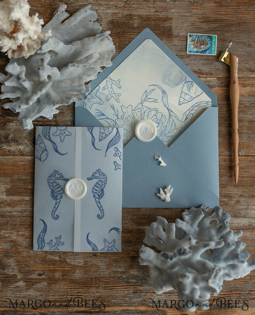 WEDDING INVITATIONS passport to love/ beach wedding invites Beach dusty Blue Wedding invitations Vellum wrapping Wedding Invites with Sea horses Wax seal wedding Cards