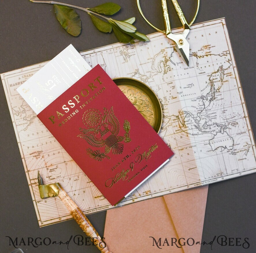 HOCHZEITS EINLADUNGEN Pass zur Liebe / Strandhochzeits-Einladungen Maroon Gold Reisepass Hochzeits Einladung, Karten für Hochzeiten mit Karte, Boarding Pass, Burgunder Reisepass Hochzeits Einladungen im Ausland, Einladungen für Zielhochzeiten, Reisekarten Hochzeitsstationery