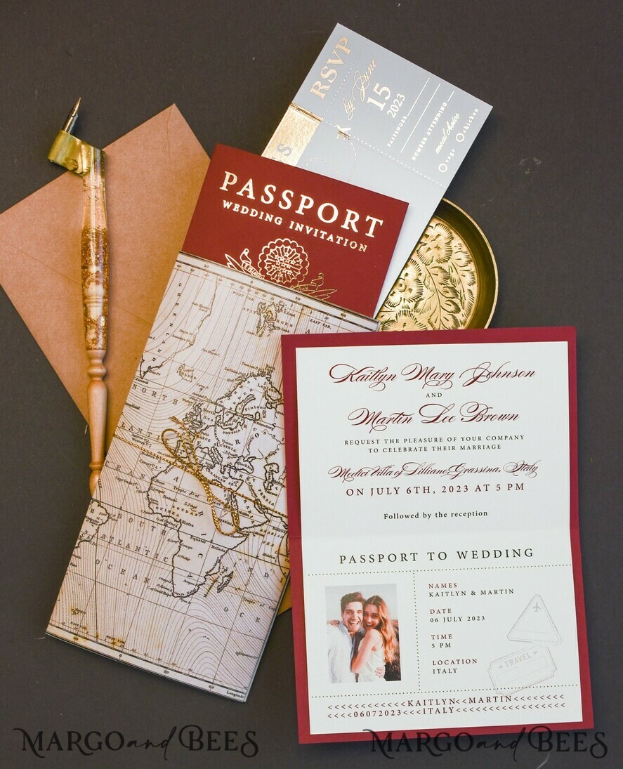 HOCHZEITS EINLADUNGEN Pass zur Liebe / Strandhochzeits-Einladungen Maroon Gold Reisepass Hochzeits Einladung, Karten für Hochzeiten mit Karte, Boarding Pass, Burgunder Reisepass Hochzeits Einladungen im Ausland, Einladungen für Zielhochzeiten, Reisekarten Hochzeitsstationery