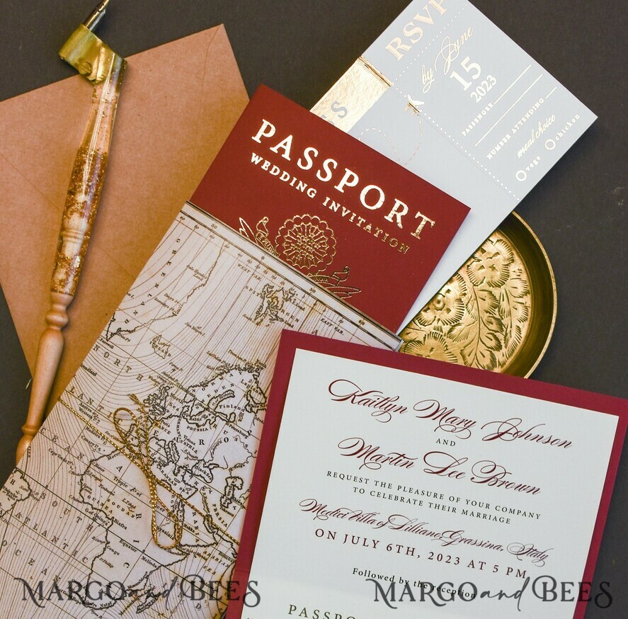 HOCHZEITS EINLADUNGEN Pass zur Liebe / Strandhochzeits-Einladungen Maroon Gold Reisepass Hochzeits Einladung, Karten für Hochzeiten mit Karte, Boarding Pass, Burgunder Reisepass Hochzeits Einladungen im Ausland, Einladungen für Zielhochzeiten, Reisekarten Hochzeitsstationery