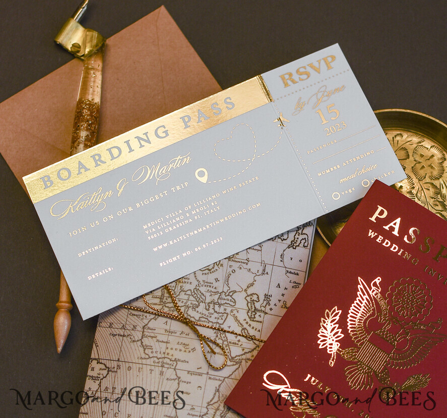 HOCHZEITS EINLADUNGEN Pass zur Liebe / Strandhochzeits-Einladungen Maroon Gold Reisepass Hochzeits Einladung, Karten für Hochzeiten mit Karte, Boarding Pass, Burgunder Reisepass Hochzeits Einladungen im Ausland, Einladungen für Zielhochzeiten, Reisekarten Hochzeitsstationery