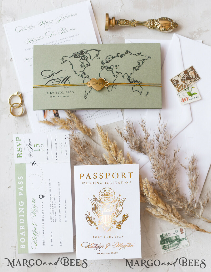 WEDDING INVITATIONS passport to love/ beach wedding invites White Gold Passport Wedding Invitation, Golden Plane Wedding Cards Boarding Pass, Travel Passport Wedding Invitations Abroad, Destination Wedding Invites, Travel Map Wedding Stationary
