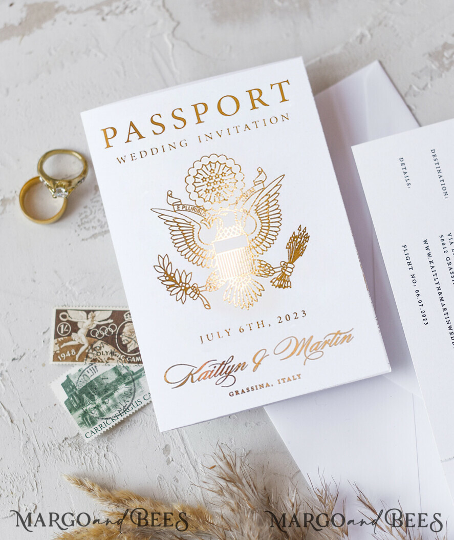 WEDDING INVITATIONS passport to love/ beach wedding invites White Gold Passport Wedding Invitation, Golden Plane Wedding Cards Boarding Pass, Travel Passport Wedding Invitations Abroad, Destination Wedding Invites, Travel Map Wedding Stationary