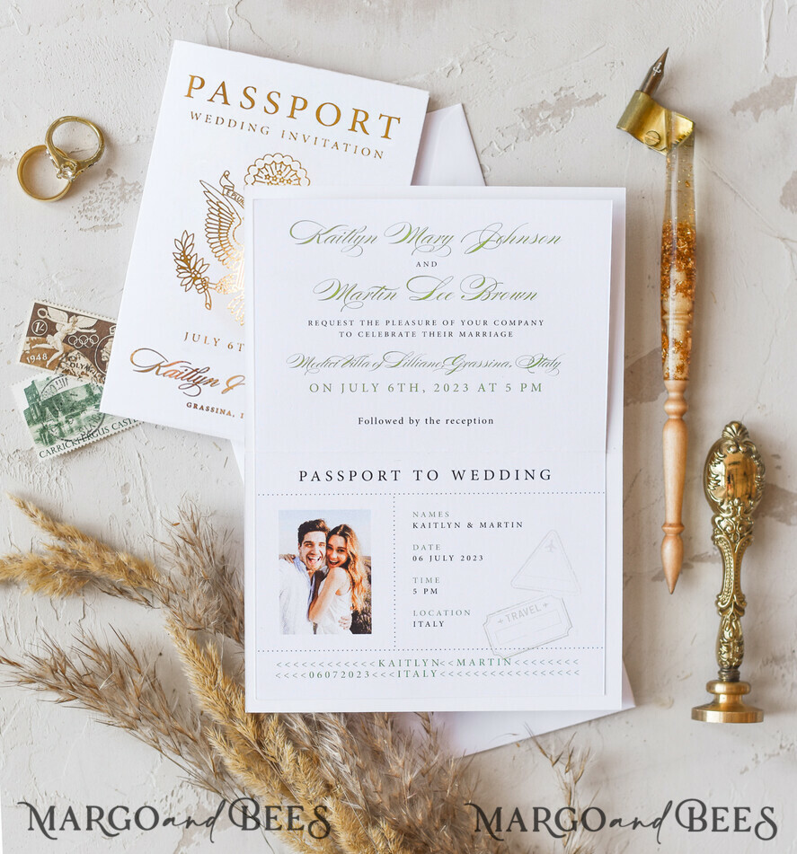 WEDDING INVITATIONS passport to love/ beach wedding invites White Gold Passport Wedding Invitation, Golden Plane Wedding Cards Boarding Pass, Travel Passport Wedding Invitations Abroad, Destination Wedding Invites, Travel Map Wedding Stationary