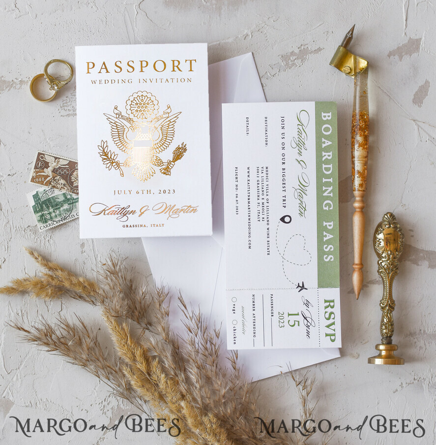 WEDDING INVITATIONS passport to love/ beach wedding invites White Gold Passport Wedding Invitation, Golden Plane Wedding Cards Boarding Pass, Travel Passport Wedding Invitations Abroad, Destination Wedding Invites, Travel Map Wedding Stationary