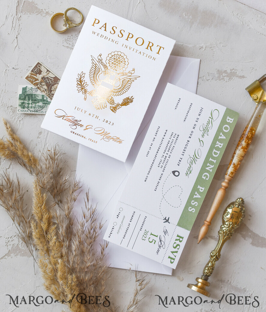WEDDING INVITATIONS passport to love/ beach wedding invites White Gold Passport Wedding Invitation, Golden Plane Wedding Cards Boarding Pass, Travel Passport Wedding Invitations Abroad, Destination Wedding Invites, Travel Map Wedding Stationary
