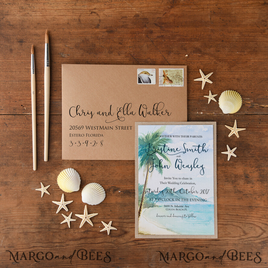 HOCHZEITS EINLADUNGEN Pass zur Liebe / Strandhochzeits-Einladungen Tropische Strandhochzeitseinladungen, Seestern Aquarell Strandhochzeitseinladungen, Mexiko Hochzeitskarten