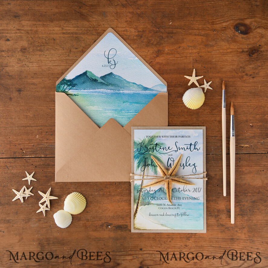 HOCHZEITS EINLADUNGEN Pass zur Liebe / Strandhochzeits-Einladungen Tropische Strandhochzeitseinladungen, Seestern Aquarell Strandhochzeitseinladungen, Mexiko Hochzeitskarten