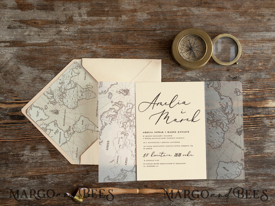 WEDDING INVITATIONS passport to love/ beach wedding invites Beach Wedding invitations Vellum wrapping Wedding Invites with Old Map Starfish wedding Cards